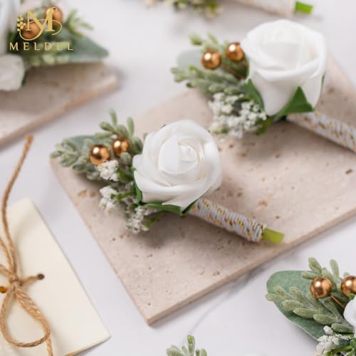 White Rose Boutonniere for Men, Faux Foam Flower for Wedding 6Pcs | Fake Foam Rose Boutonnieres for Wedding Prom Groom and Groomsman Ceremony Anniversary Party Homecoming - color: 6pcs White Boutonniere