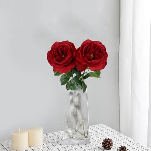 Real Touch Roses Red 2pcs 5.12" Big Red Roses Artificial Flowers Fake Flowers for Decoration Latex Peony Faux Flowers Silk Roses 25.60'' Long Stem for Wedding Home Room Kitchen Decor (Red) - color: Red