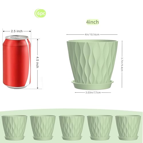 4 Inch Plant Pots, 6 Pack Indoor Flower Pots, Planters with Drainage Holes and Trays for Orchids, Violets, Succulents, Herbs, and Other Plants,Green - color: Green, size: 4inch