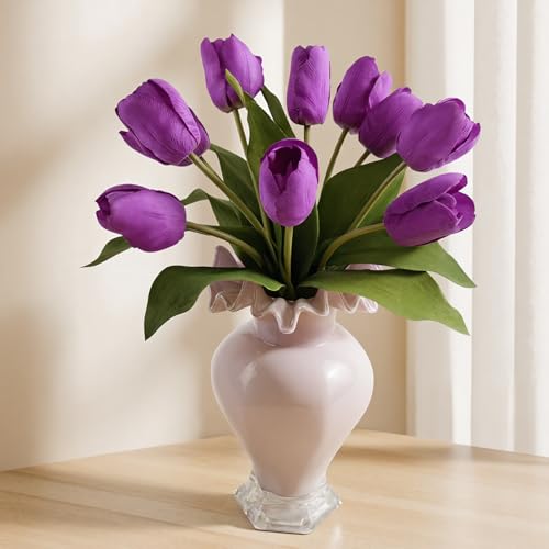 10 Stems Artificial Tulips Bouquet 14" Fake Tulips Flowers Realistic Faux Flowers for Wedding Home Party Decor Spring Decor Valentine's Day and Easter Decorations(Purple) - color: Purple