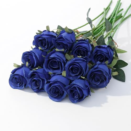 12Pcs Realistic Fake Roses Faux Flowers with Long Stems, Artificial Silk Rose Flowers for Valentines Day Home Wedding Decor Bridal Bouquet (Blue) - color: Blue