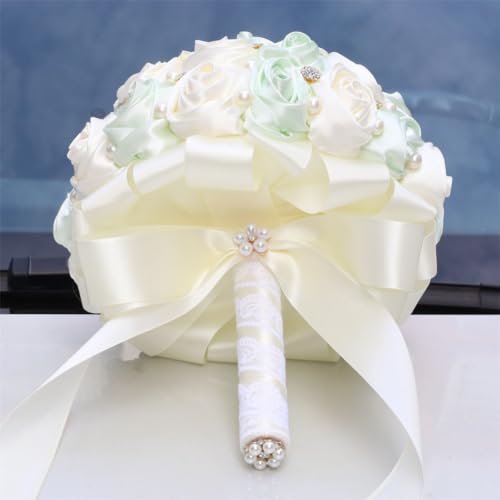 Bridal Wedding Bouquet with Rhinestone Brooch Pearl Bouquet for Bride Bridesmaid Quinceanera Rose Flower Bridal Bouquet Wedding Light Green and Ivory 8.7in - color: Light Green & Ivory, size: Large (DIA. 8.7"/22cm)