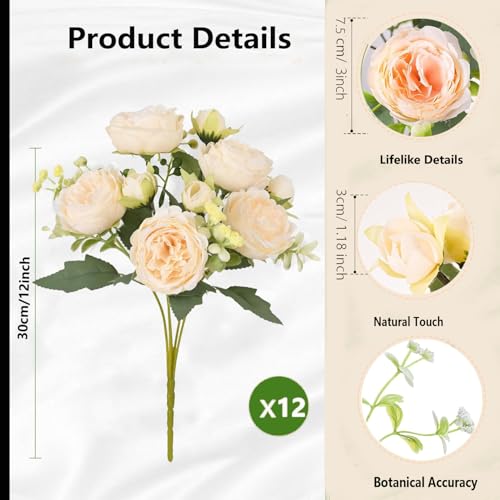 Peonies Artificial Flowers 12 Bundles Pink Flowers Bouquet, Lifelike Silk Fake Peonies with Stems for Home Table Centerpieces, Wedding, Party & DIY Bridal Floral Arrangements (Champagne) - color: Champagne