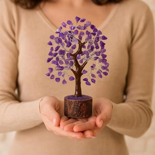 ANAYA AGATE Amethyst Crystal Tree of Life - Handmade Healing Bonsai Purple Tree for Home & Office Decor, Positive Energy & Good Luck, Ideal for Christmas Decor & Birthday Gifts for Women, Men - color: Amethyst Silver Wire (300 Beads)