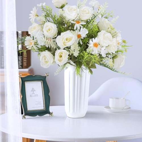 Artificial Flowers Bouquet 3 Pack Fake Rose Bouquet Faux Artificial Flower Arrangements Decoration Table Wedding Flower Centerpieces（White） - color: White