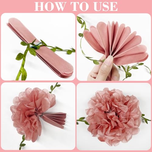Dusty Pink Party Decorations Rose Gold Dusty Pink Beige Tissue Paper Flowers Pom Pom with Leaf Ribbon Hanging Garland Streamer for Birthday Baby Shower Wedding Bridal Shower Engagement Party Supplies - color: Dusty Pink
