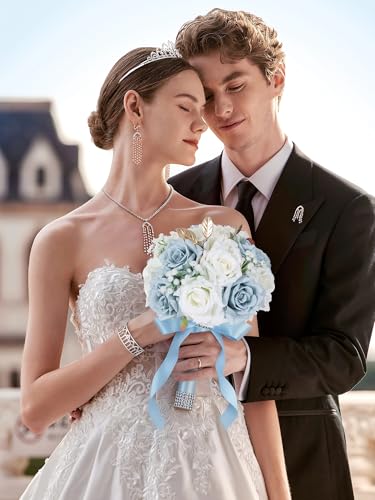 Wedding Bouquets for Bride & Bridesmaid, 9 Inch Artificial Rose Bridal Bouquet, Ivory White & Blue Silk Flowers for Wedding Ceremony, Church, Party Decoration (White Blue) - color: White Blue