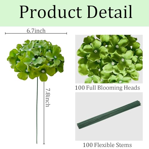 100 Pcs Faux Deep Green Hydrangea Artificial Flowers Bulk, Fake Silk Hydrangea Flowers Heads with Stems for Wedding Decorations Garden Party Baby Shower Porch Home Decor Table Centerpieces - color: Deep Green, size: 100 Pcs
