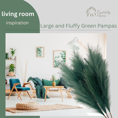 3 x Emerald Green Pampas Grass Stems, Large Feathers Decor Tall for Boho Accent Living Room Bedroom Hallway, Forest Emerald Green House Decor, Plumas para Decoraciones - color: Green