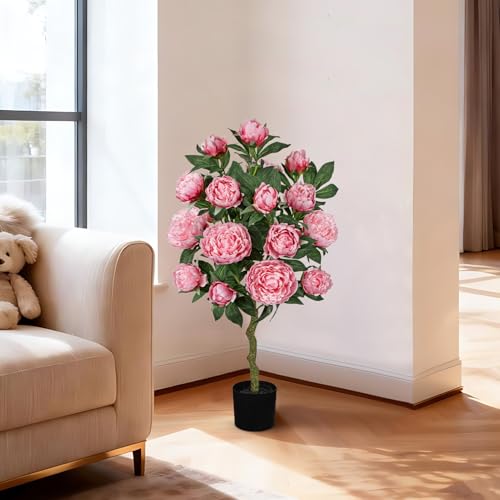 Hollyone Pink Fake Peonies Tree 3FT Peonies Artificial Flowers Tree in Pot Faux Peony Plants & Flowers in Planter Greenery Potted Plant Indoor Outdoor Front Door Porch Home Decor - color: 3ft - Pink