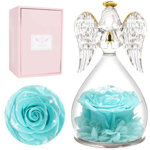 Miofula Gifts for Mom Birthday Gifts for Women, Preserved Flowers Rose in Glass Angel Figurines, Fresh Flowers for Delivery Anniversary Forever Real Roses Gifts for Mothers Grandma Her Wife Girlfriend - color: Pearlescent Sky Blue