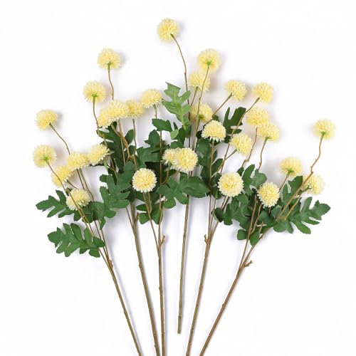 mizii 6Pcs Yellow Fake Silk Pompon Mum Artificial Flowers Bulk Small Faux Chrysanthemums with Stems Realistic Floral Decorations for Wedding DIY Bouquet Centerpieces Shower Vase Home Decor (Yellow) - color: Yellow