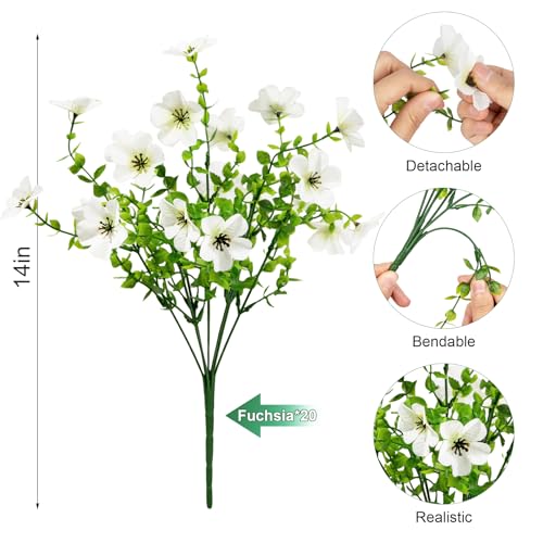 20 Bundles Artificial Flowers for Outdoors, Fake Violet Flowers Silk Realistic UV Resistant Faux Artificial Plants Outdoors for Window Box Garden Patio Front Porch Home Indoor Outside Decorations - color: White