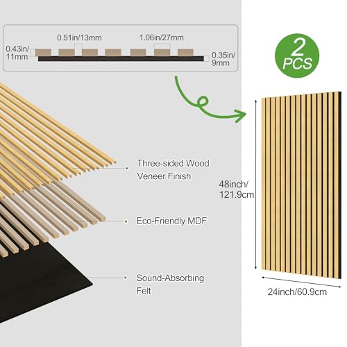 2 Pack Wood Panels for Wall, 48" x 24" Wood Slat Acoustic Panels, Acoustic Wall Panels for Interior Wall Decor, Sound Absorbing Wall Panels for Noise Reduction and Decoration, Cream Oak - color: Cream Oak, size: 2PCS-48" x 24"