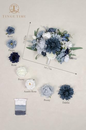 TINGE TIME 11 Inch Wedding Bouquets for Bride, Dustyblue Artificial Flowers Bouquet, Brides & Bridesmaids Bouquet for Wedding Anniversary Ceremony Bridal Shower Decorations - color: Dusty Blue