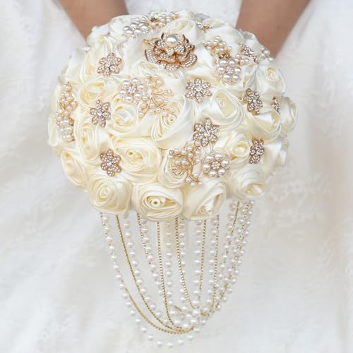 Handmade Satin Rose Water Drop Bridal Bouquet,8.7inch Crystal Wedding Round Tossing Bouquet,Jewelry Proposal Bridesmaid Bouquet Groom Corsage Bride Wrist Flower Ivory (26#Ivory) - color: 26#ivory