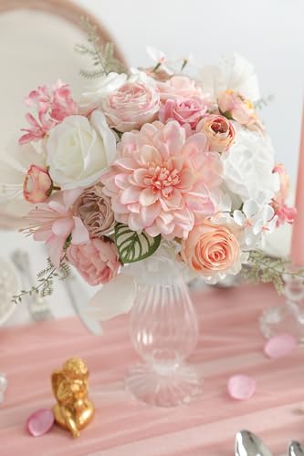 White Pink Artificial Flowers Silk Fake Roses Peonies Greenery Combo Box Set for DIY Wedding Bouquets Bridal Shower Centerpieces Floral Arrangements Party Tables Home Decoration - color: White & Pink