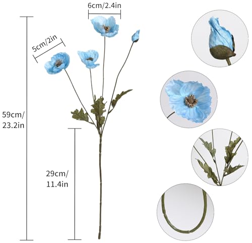 IPOPU Sky Blue Artificial Poppy 6pcs Light Blue Fake Poppies Baby Blue Silk Flowers for Baby Shower Centerpieces Bridal Shower Party Decorations (Sky Blue) - color: Sky Blue