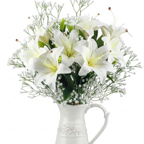 Giegxin 18 Pcs Easter Artificial White Lilies with Baby's Breath, Latex Fake Tiger Lily Bouquet for Easter Spring Home Church Wedding Decorations, Faux Gypsophila Floral Arrangement - color: White, style: Lily, Babys Breath