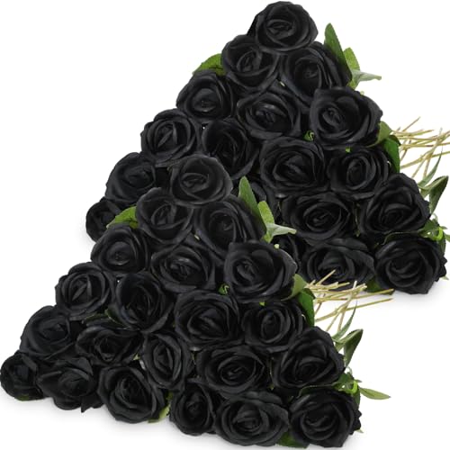 Hotop 40 Pcs Rose Artificial Flowers Bulk with Long Stem,Realistic Silk Fake Roses Bouquet for Home Wedding Centerpieces Party Table Decoration Valentines Gifts(Black) - color: Black