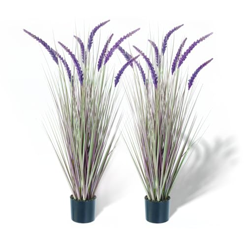 KOL 4ft 2-Pack Artificial Veronica Horsetail Reed Grass – 47in Tall Faux Purple Grass Plants in Pots, UV Resistant Fake Greenery for Indoor Outdoor Home, Office, Patio & Wedding Décor - size: 4FT-2PCS