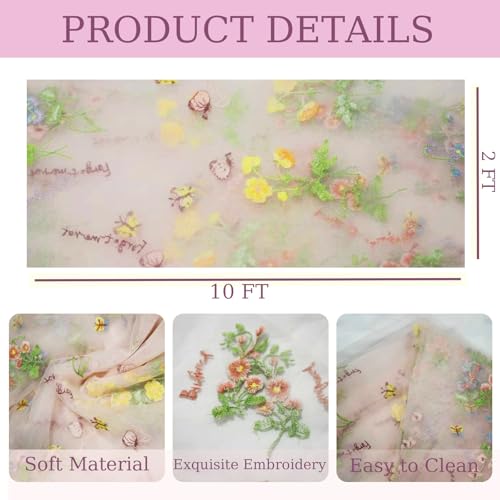 Pink Floral Table Runner 10ft Embroidery Tulle Spring Wildflower Table Runner Seasonal Summer Butterfly Kitchen Dining Gauze Decoration for Baby Shower Wedding Party Birthday (1 Pcs) - color: Pink