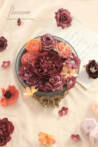 Floroom Mini Artificial Flower Heads Burnt Orange & Burgundy Fake Peony Daisy Rose Multicolor Small Faux Silk Flower Heads for Cake Craft Garland Wedding Party Graduation Cap DIY Home Decoration - color: Burnt Orange Burgundy