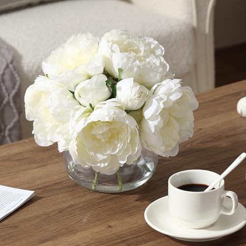 Artificial Peonies with Glass Vase, Faux Peony Fake Flowers with Faux Water, Silk Flower Arrangements for Home Decor, Bathroom, and Table Centerpiece Decorations Home Centerpiece Floral (White) - color: White, size: Peony, Silk