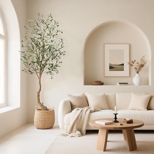Artificial Olive Trees, 6 Ft Indoor Outdoor Fake Potted Silk Plant Faux Olive Tree with Trunk and Fruits, Artificial Tree Large Olive Plants for Living Room Home House Office Decor