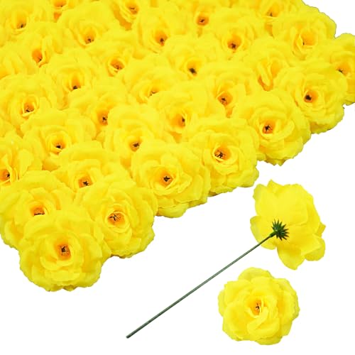 Rose Artificial Flowers, 50Pcs Yellow Roses Head Flowers Bulk with Stem, 3 Inches Silk Rose Fake Flower Head for Wedding Party Home Decor DIY Baby Shower Centerpieces Tables Decoration(Yellow) - color: Yellow