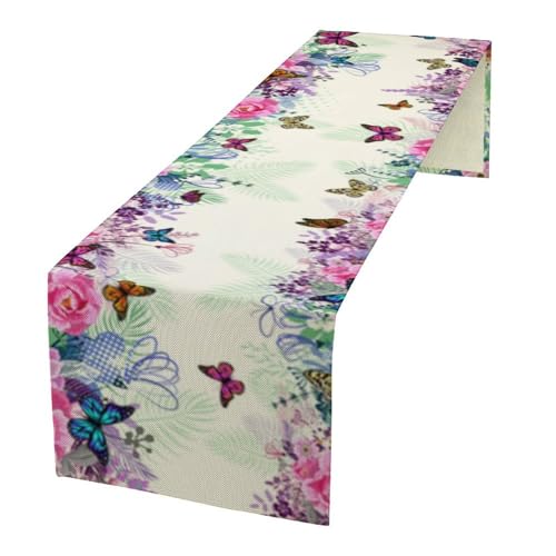 Butterfly Table Runner,Wildflowers Floral Butterflies Spring Seasonal Decor Table Runner for Home Indoor Outdoor Kitchen Holiday Party Wedding Decor 13x36 Inch - color: Butterfly-6, size: 13x36in