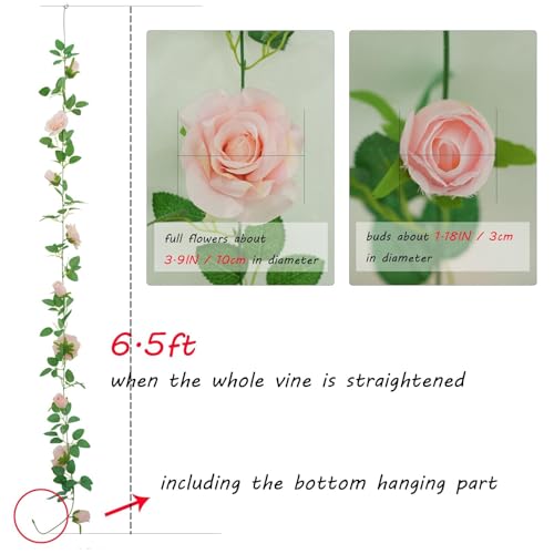 Felice Arts 2 Pack Pink Artificial Flower Garland, Each 6.5FT Fake Rose Vines, Hanging Floral Rose Garland for Wedding Baby Shower Swing Table Home Party Decor - color: Pink