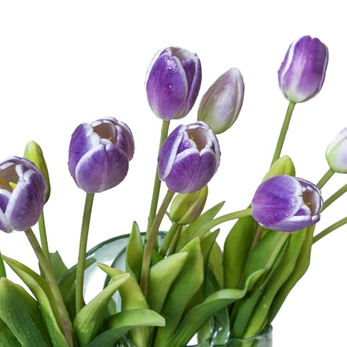 DUYONE 15Pcs Artificial Tulips Flowers, Soft Touch Realistic Latex Tulips Bouquet for Home Office Wedding Party Garden Decor, Fake Flowers for Centerpieces Dining Table Living Room Spring-B Amethyst - color: B Style-15pcs Amethyst (No Vase)