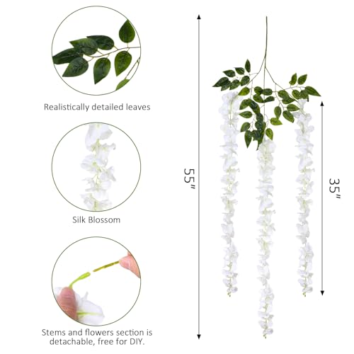LFF 24 Branches White Wisteria Hanging Flowers, 4.58FT Fake Silk Wisteria Artificial Flowers, Faux Wisteria Garland for Wedding Arch, Party Backdrop, Home & Party Decoration (55 Inches Long) - size: Long/8Pack