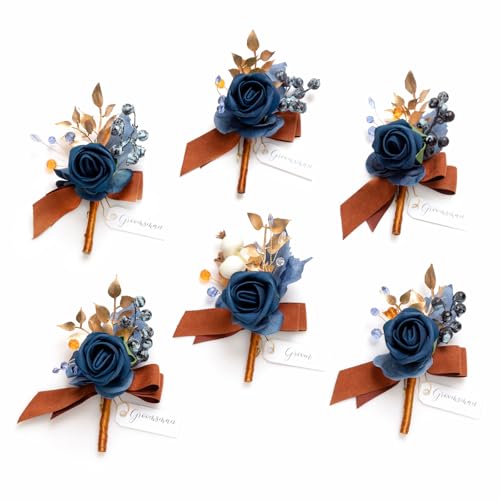 Ling's moment Boutonniere for Men, 6pcs Groom Groomsmen Boutonniere, Artificial Flowers for Wedding Decor/Prom/Homecoming, etc.Burnt Orange Navy Blue - color: Blu-burnt Orange & Navy Blue