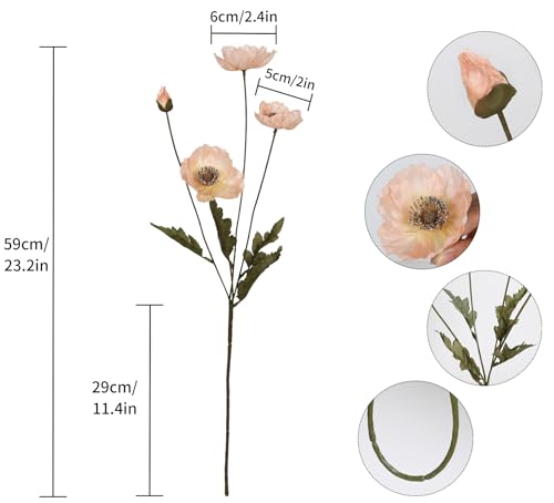 IPOPU Artificial Poppy Silk Flowers 6pcs Poppy Flowers Artificial Realistic Faux Flowers for Vase for Home Decor Indoor for Wedding Centerpieces Bridal Shower Party Decorations (Champagne) - color: Champagne