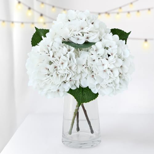 ZYTUYO 3PCS White Hydrangea Artificial Flowers 20" Large Fake Latex Real Touch Hydrangeas Flowers with Stems Faux Silk Bouquet for Indoor Home Decor Table Wedding Party Floral Outdoor Centerpieces - color: White