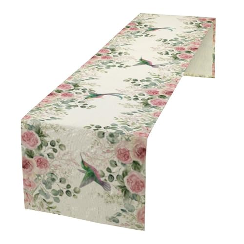 Hummingbird Floral Table Runner,Pink Rose Eucalyptus Green Leaves Nature Plant Table Runner for Holiday Kitchen Living Room Home Party Decor 13x36 Inch - color: Hummingbird-2, size: 13x36in