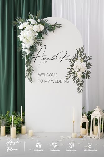 Deluxe Wedding Arch Flowers with Drapes Kit Pack of 4, 2pcs White Sage Hanging Silk Flowers Arrangement 2pcs Chiffon Drapes for Ceremony Arbor Party Outdoor Decor - color: White & Ivory