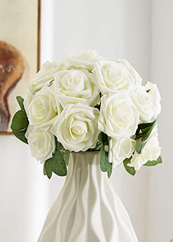 25pcs Artificial Flower Foam Rose Real Touch Roses Flower Heads with Stem for DIY Wedding Bouquets Centerpieces Arrangements Party Baby Shower Home Decor (Ivory) - color: Ivory