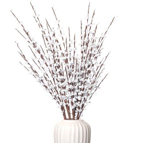 5Pcs Long Stem Jasmine Flowers Artificial, 29.5"/75cm Tall Fake White Flower Bouquet, Artificial Pussy Willow Branches for Home Office Wedding Party DIY Floral Art Winter Decor - color: White, size: 5 PCS