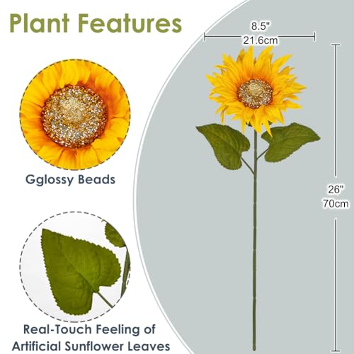 DILATATA 3 Pack Artificial Sunflower Stems with Luxury Beaded Center, 26” Large Fake Sunflowers with Real Touch Leaves, Silk Sunflower Flowers for Vase, Fall Farmhouse Home Table Wedding Decoration - color: 8" Beaded
