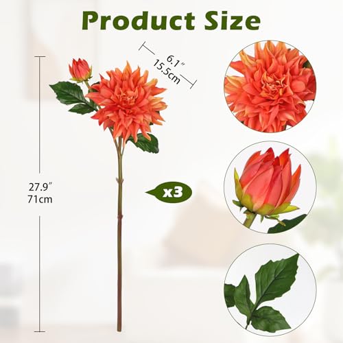 Artificial Dahlia Flowers – Set of 3 | 27.9" Tall Real-Touch Silk Dahlia Stems with Large 6.1" Blooms | Lifelike Orange Faux Flowers for Home Decor, Wedding, Centerpieces & Floral Arrangements - color: Orange