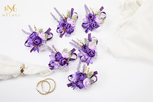 Lavender Purple Wrist Corsages, Set of 6, Wrist Corsage for Wedding Mother of Bride and Groom, Artificial Silk Rose Prom Flowers, Wedding Hand Flower Decor - color: Purple1# Wrist Corsage ( Set of 6)