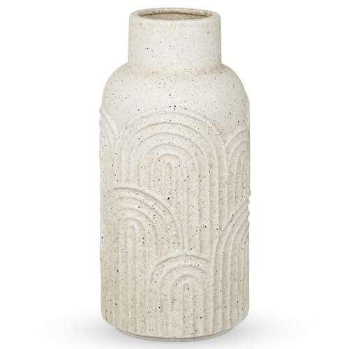 12 Inch Beige Ceramic Vase Flower Vase, Textured Ceramic Vase Rustic Farmhouse Decorative Flower Vase for Centerpiece Home Living Room Dining Table Office Shelf Mantle - size: 12 IN