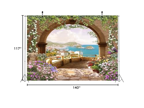 BELECO 12x10ft Fabric Mediterranean Garden Terrace Backdrop Romantic Arch Gate with Green Leaves Vine Blooming Flowers Italian Coast Background Birthday Wedding Party Shoot Studio Photo Props - size: 12x10FT
