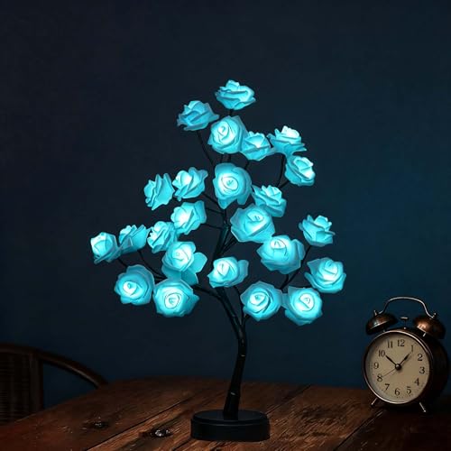 Rose Tree Lamp，Rose Flower Night Light, Led Tabletop Pink Tree Lights, Lower Lamp Girls Gift for Mother’S Day, Lighted Tabletop Tree for Christmas Wedding Decor Valentine’S Day - style: blue Rose