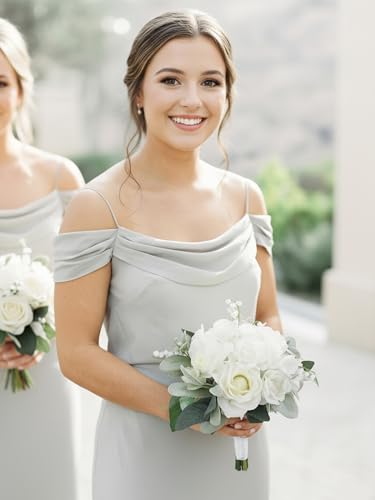 Rinlong White Green Bridesmaid Bouquet for Wedding, Prom, Homecoming | Silk Bridal Bouquet, Destination Friendly - color: 12-white Hydrangea
