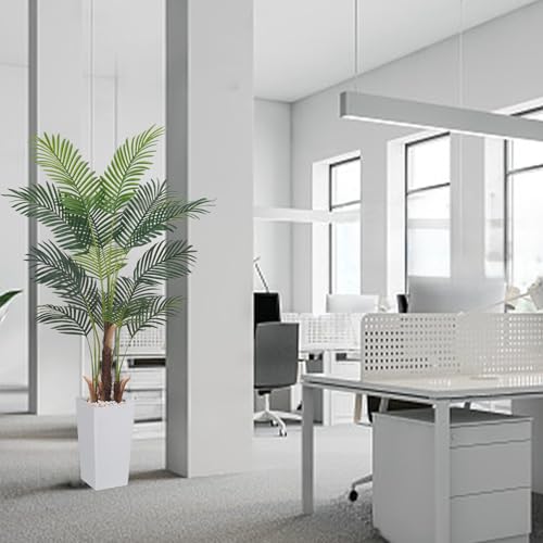 Artificial Palm Tree，5.5FT Fake Tree with White Tall Planter,Faux Areca Palm Tree,Tall Faux Plant with Lifelike Leaves for Home Office Living Room Modern Decoration