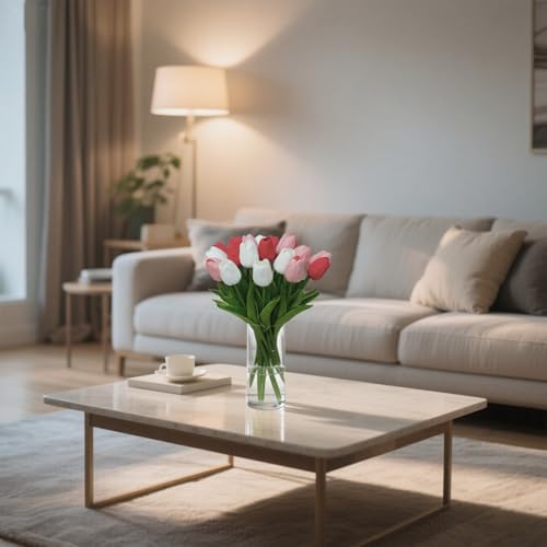20pcs White and Red Fake Tulips Artificial Flowers Faux Flowers PU 13 Inch Mother's Day Easter Day Gifts in Home Kitchen Spring Decorations For Home - color: White and Red